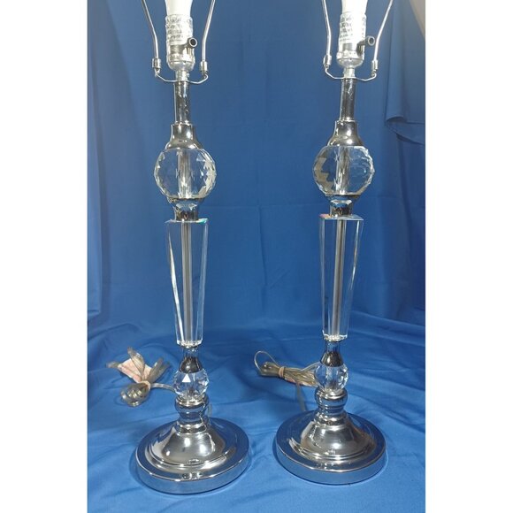 Vintage Hollywood Regency Crystal Ball Lucite Lamps Set Chrome Hardware … - Picture 2 of 11